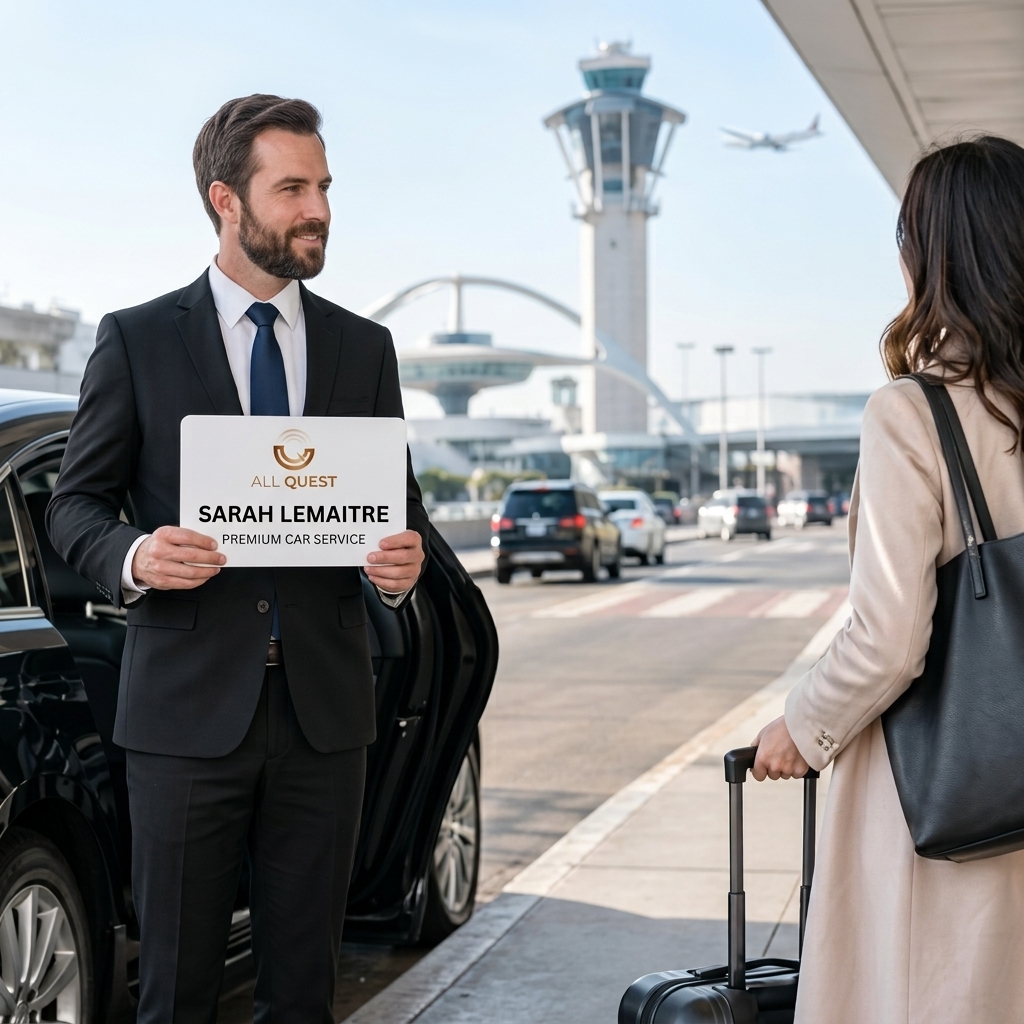 All Quest Limousine chauffeur holding a name sign for a traveler at the airport curb